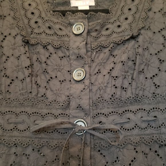Black Eyelet Tunic Top, Drawstring Waist, Button Front, Square neckline, Size S - Picture 5 of 5